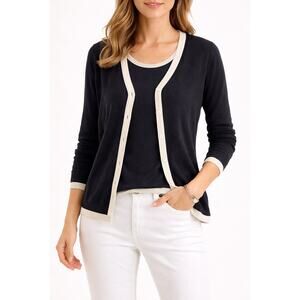 Studio g Silk Cotton Cardigan Set Size M | Navy & Cream Twinset 2 Piece Knit